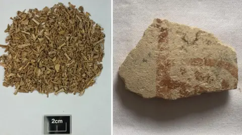 University of Aberdeen Left: a pile of tiny, brownish green bone fragments with a ruler underneath showing 2cm the pile of bones. By this scale, the bones are all less than a 1cm. Right: A broken grey fragment of pottery in a jagged shape, with a red/orange print of unclear lines and dots.