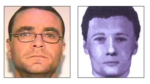 Greater Manchester Police A mugshot of Andy Malkinson, who has short brown hair, glasses and light stubble, and a digital e-fit image of a man with black hair. 