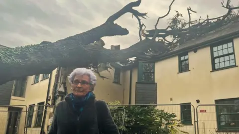 Cath stands in front of her house. Behind her you can see a large tree trunk on its side , the branches still rest on her roof. The walls are badly damaged too.