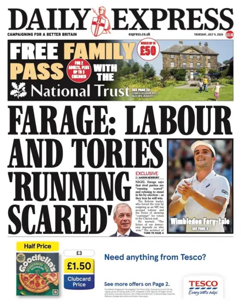 The headline for the front page of the Daily Express reads: 'Farage: Labour and Tories "running scared".'