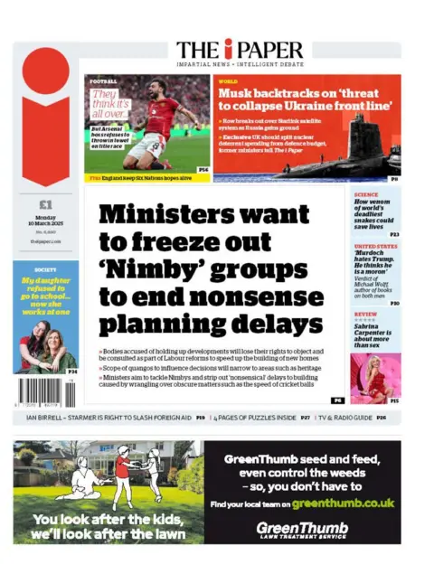 Front page of the i paper for Monday 10 March 2025.