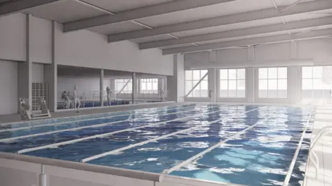An image of what the main pool inside the new building would look like. It is inside a white room with lots of windows and a separate, smaller pool next to it. 