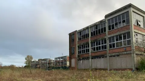 A side view of a dilapidated factory in an overgrown field