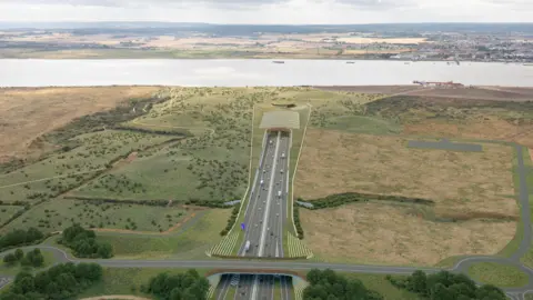 An artist's impression of the Lower Thames Crossing disappearing into a tunnel under the Thames Estuary.