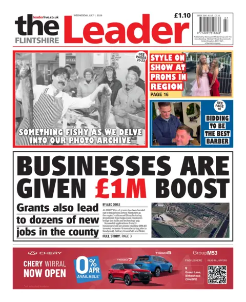 Flintshire Leader Flintshire Leader front page. The main headline reads: Businesses are given £1m boost, grants also lead to dozens of new jobs in the country. 