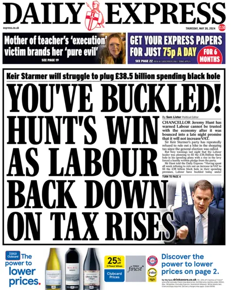 The Daily Express headline reads: You've gone awry!  Hunt wins as Labor backs down on tax rise