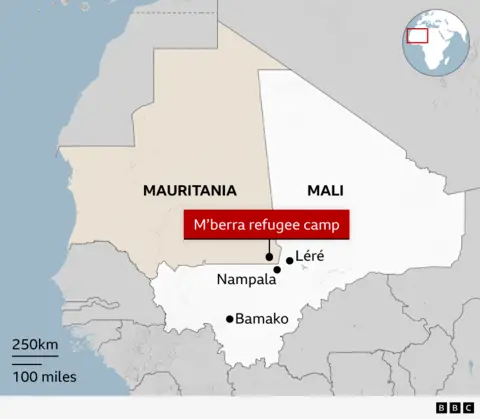 A map showing Mali and Mauritania and the locations of Lere, Bamako, Nampala and the M'berra refugee camp.