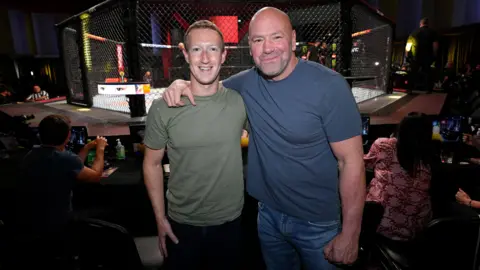 Meta founder Mark Zuckerberg poses with UFC president Dana White during a UFC Fight Night event at UFC APEX in Las Vegas, Nevada.