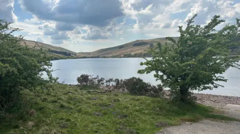 Crai reservoir can be seen into the distance, there are two trees and a patch of grass in front of it, and behind there are hills with blue skies and clouds