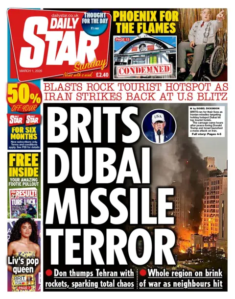 The headline on the front page of the Daily Star Sunday reads: "Brits Dubai missile terror".