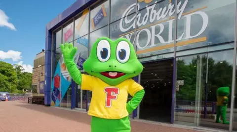 Cadbury World Freddo Frog welcoming people to Cadbury World
