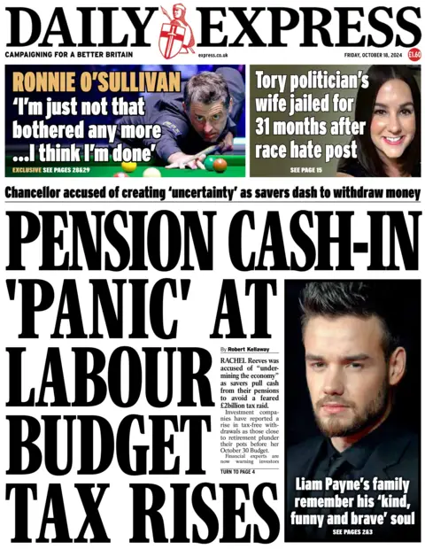 The front page of the Daily Express, titled "Pension Cash-in 'panic' at Labour budget tax rises". 