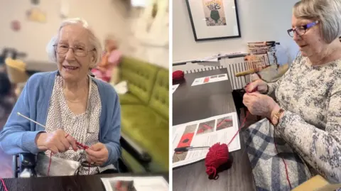Chelmsford City Council A composite image shows two elderly women knitting poppies with red yarn