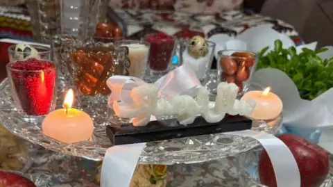 Supplied Items displayed to mark Nowruz, including a candle, a glass containing the spice sumac and a green, leafy plant