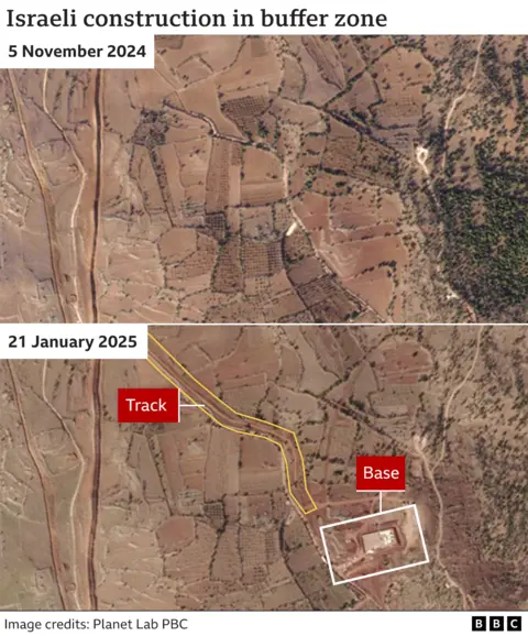 Satellite imagery showing new construction on 21 January within the demilitarised buffer zone that separates Israel from Syria.