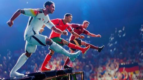 Three computer-generated images of footballers kicking in front of a crowd as part of the BBC's Euros 2024 trailer