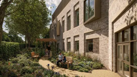 A computer generated image showing plans for a new cancer care centre. It shows the outside of a building with brown bricks, a number of windows and a door. There are two benches outside in a garden with two seat sat on one on the benches and a person being pushed in a wheelchair along a path