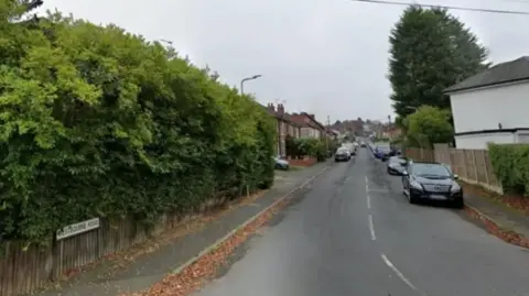 Trees line one side of a road before a row of houses. Cars are parked on the other side