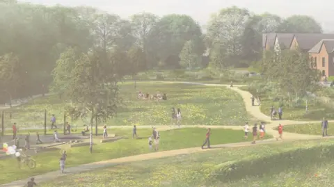 A computer-generated image of a green space next to a row of homes.