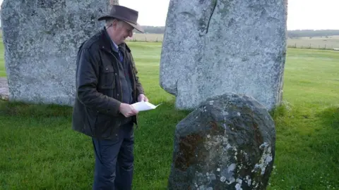 Prof Richard Bevins Side profile of Richard Bevins standing in Stonehenge circle, looking at one of the smaller stones. He wears a brimmed hat and wax jacket.