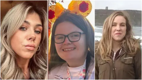 A three photo composite of a three women. The first is a selfie of a young woman with blone wavy hair. She stares into the camera. Next is a brown haired woman with glasses and a yellow bow atop her head. She smmiles at the camera. Lastly a woman with brown and blonde hair smiles on a beach. She wears a green parka coat. 
