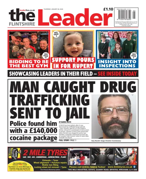Flintshire Leader Flintshire Leader front page. Headline is: "Man caught drug trafficking sent to jail"