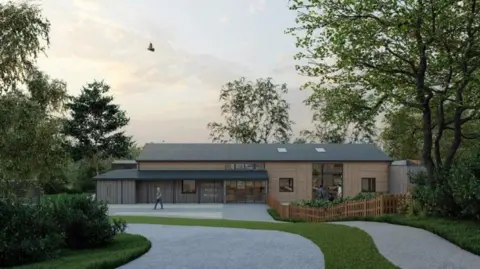 A computer generated image of the Sevenoaks visitor centre. There are green trees to the left and the right of the image. The centre is wooden, it has three small square windows on the front and two large full length windows. There is a large stone path leading to the building. 