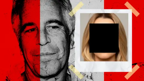 A designed composite image featuring a grainy background image of Jeffrey Epstein, partly tinted in red, and in the foreground, a Polaroid style image of a young woman, whose face in obscured with a black redaction.