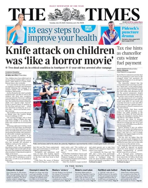 The headline on the front page of the Times reads: "Knife attack on children was 'like a horror movie'"