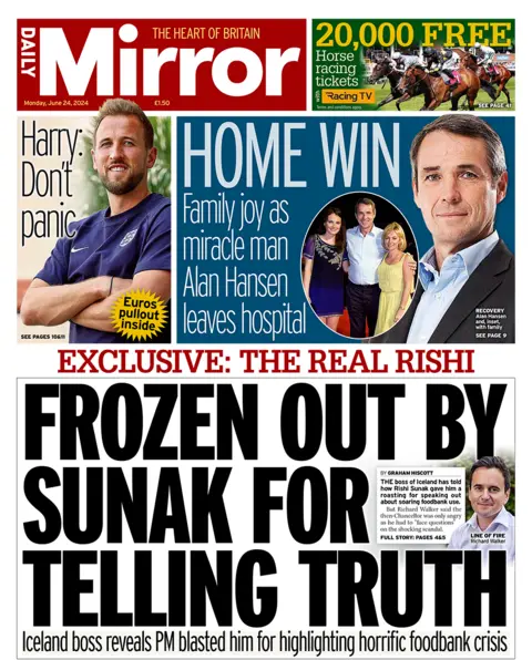 Daily mirror headlines: "FROZEN BY SUNAK FOR STATING THE TRUTH"
