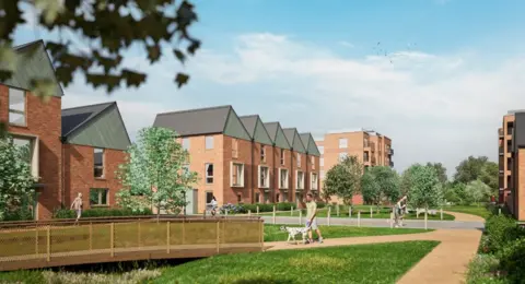 WH Smith A CGI image of an estate made up of houses and flats with a small bridge and grass in the middle. Some people are walking around and one person is walking their dog.