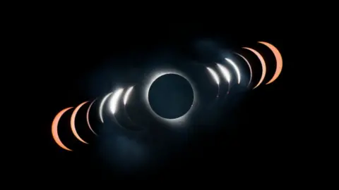 Josh Dury A totality eclipse sequence showing the moon as it passes in front of the sun and then rolls across the other side. 