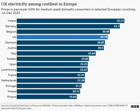 A bar chart showing UK and other countries' electricity prices - the UK is fourth most expensive