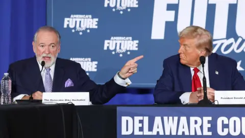 Reuters File photograph  showing Mike Huckabee (L) and Donald Trump (R) sitting successful  beforehand   of a motion   saying America's Future Tour astatine  a run  lawsuit   successful  Drexel Hill, Pennsylvania, US connected  29 October 2024