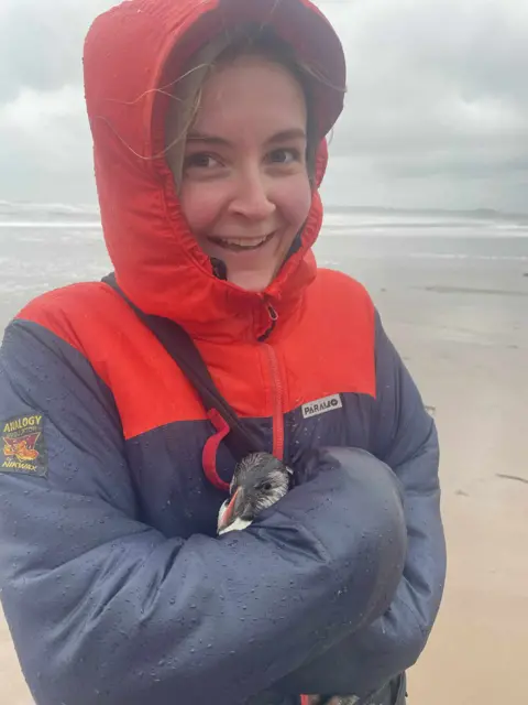 Claire Anthony A woman in a red and blue rain jacket with her hood up and strands of blonde hair blowing in the wind wraps her arms around a small puffin. 