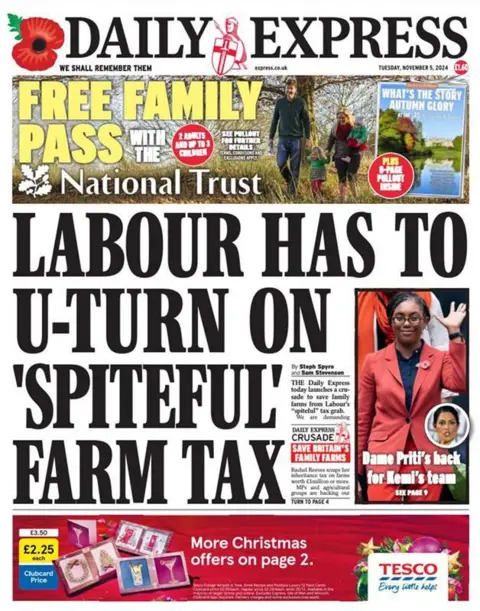The headline on the front page of the Daily Express reads: "Labour has to u-turn on 'spiteful' farm tax" 