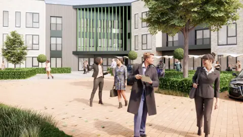 The apartment buildings are built out of brick with various cladded sections.  A large brick forecourt has various young people in working clothes talking to each other. Greenery has been planted around the buildings.