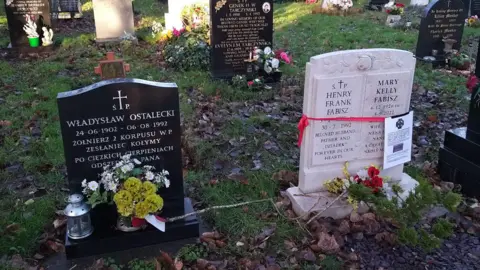 Lukasz Lakomy A close up on two graves in a cemetery. One on the left is in shiny black stone and the one on the right in white stone. Both have flowers in front of them and the one on the right also has a red ribbon holding a laminated sheet explaining about plans to mark the grave on the Polish register.
