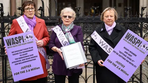 Waspi campaign members outsdie the Royal Curts of Justice with purple placards