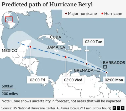 Predicted path of Hurricane Beryl
