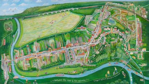 Kate Lynch A painting of a map with roads, a river and green fields. It is very colourful.