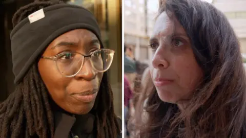 Splitscreen. Left, a woman with glasses speaks to camera. Right, a woman without glasses.