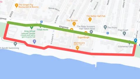 Google Cyclists currently follow the route shown in red, but the plans would see a new cycle path installed along the route shown in green