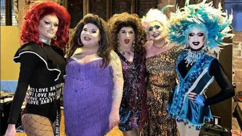 Warren Lee Allmark Lady Wanda Why (centre) with fellow queens at her farewell show in Chester
