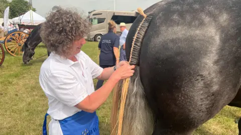 A woman is braiding a horse's tail on a grass field.