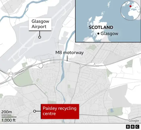 Map of the area around the Enva recycling centre in Paisley that went on fire