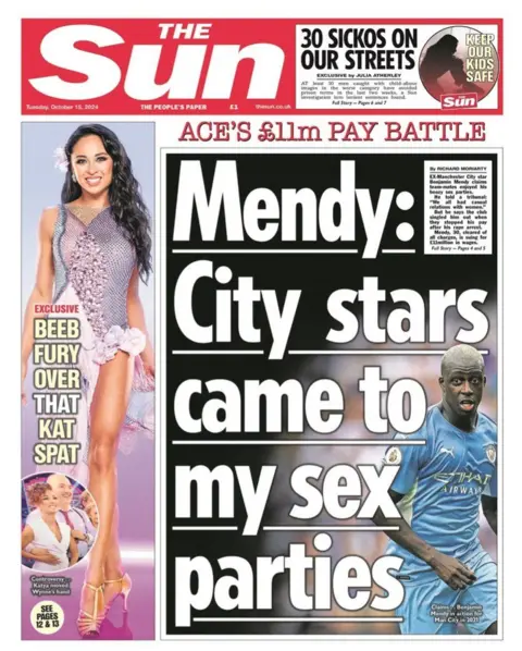 A primeira página do The Sun com a manchete "Estrelas da cidade vieram às minhas festas de sexo". 