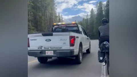 Naomi Hancocks A white truck, labelled Bear Technician, can be seen driving next to a cyclist as they pass a bear