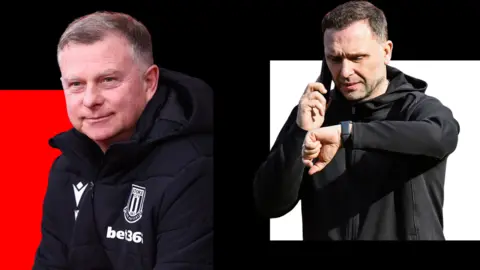 A split image of Stoke manager Mark Robins and Derby County boss John Eustace