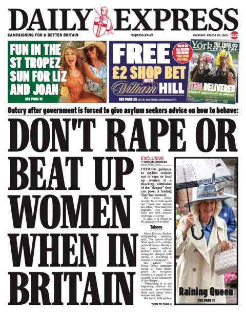 The headline on the front page of the Daily Express reads: "Don't rape or beat up women when in Britain."